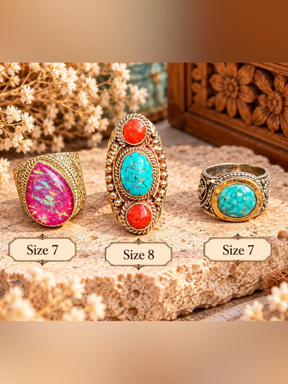 Set of 3 Boho Statement Rings – Turquoise, Coral & Pink – Sizes 7 & 8